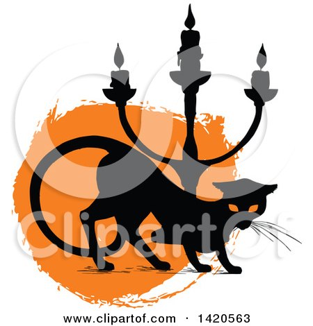 Clipart of a Silhouetted Black Cat and Candle Stick over Orange - Royalty Free Vector Illustration by Vector Tradition SM