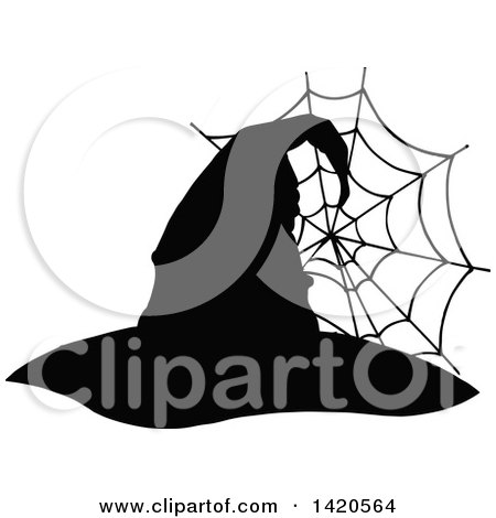 Clipart of a Black and White Silhouetted Witch Hat and Spider Web - Royalty Free Vector Illustration by Vector Tradition SM