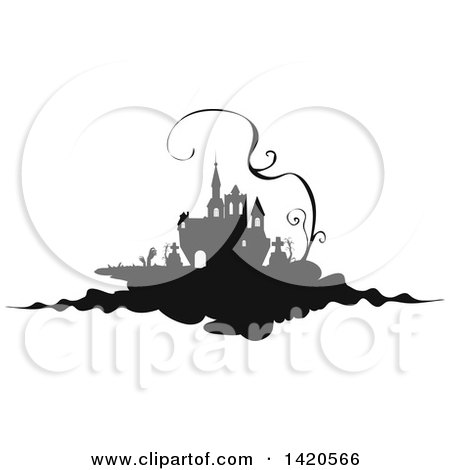Clipart of a Black and White Silhouetted Haunted Castle with a Cemetery and Vine - Royalty Free Vector Illustration by Vector Tradition SM