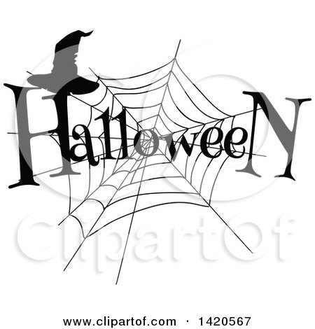 Clipart of a Black and White Silhouetted Spider Web, Halloween Text and Witch Hat - Royalty Free Vector Illustration by Vector Tradition SM