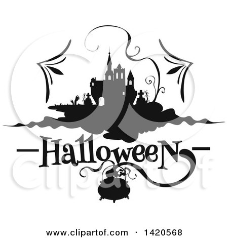Clipart of a Black and White Silhouetted Haunted Castle with a Cemetery and Vine over Text and a Cauldron - Royalty Free Vector Illustration by Vector Tradition SM