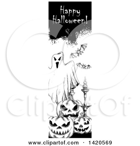 Clipart of a Vertical Website Banner of a Sketched Happy Halloween Greeting, Bats, Ghost, Candle Stick and Pumpkins - Royalty Free Vector Illustration by Vector Tradition SM