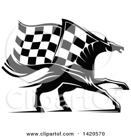 Clipart of a Black and White Horse with a Checkered Racing Flag Mane - Royalty Free Vector Illustration by Vector Tradition SM