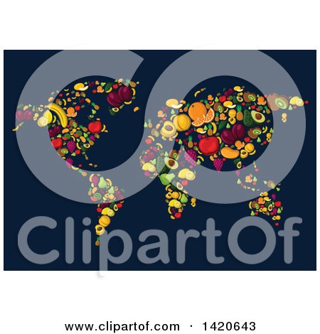Clipart of a World Map of Fruit on Dark Blue - Royalty Free Vector Illustration by Vector Tradition SM