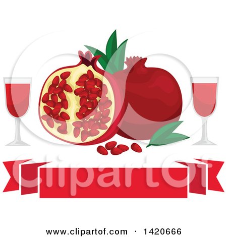 Clipart of Pomegranates, Leaves and Seeds with Juice over Banners - Royalty Free Vector Illustration by Vector Tradition SM