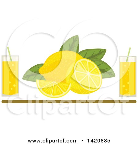 Clipart of Lemons and Leaves with Glasses of Juice over a Brown Line - Royalty Free Vector Illustration by Vector Tradition SM