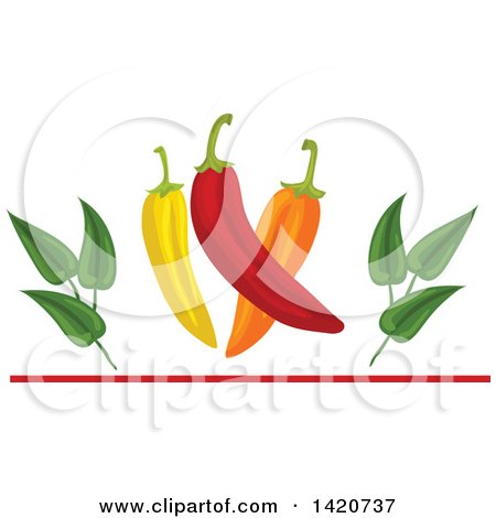 Clipart of a Spicy Chile Peppers and Leaves over a Red Line - Royalty Free Vector Illustration by Vector Tradition SM