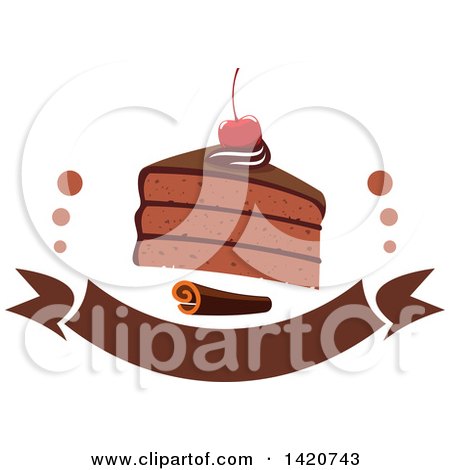 Clipart of a Slice of Chocolate Cake Topped with a Cherry, with a Cinnamon Stick over a Banner - Royalty Free Vector Illustration by Vector Tradition SM
