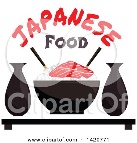 Clipart of a Bowl of Sticky Rice with Salmon Sashimi, Sake and Chopsticks Under Text - Royalty Free Vector Illustration by Vector Tradition SM