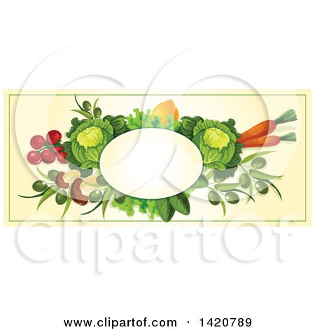 Clipart of a Blank Oval Banner Framed with Beans, Greens, Cabbage, Tomatoes, Olives, Lemon and Carrots on Beige - Royalty Free Vector Illustration by Vector Tradition SM