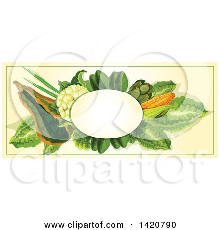 Clipart of a Blank Oval Banner Framed with Zucchini, Cauliflower, Corn, Artichoke and Greens on Beige - Royalty Free Vector Illustration by Vector Tradition SM