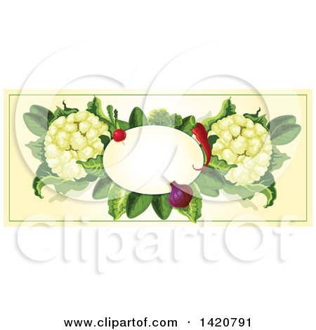 Clipart of a Blank Oval Banner Framed with Chile Peppers, a Radish, Onion, Lettuce and Cauliflower on Beige - Royalty Free Vector Illustration by Vector Tradition SM