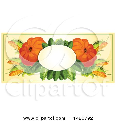 Clipart of a Blank Oval Banner Framed with Corn, Lettuce and Pumpkins on Beige - Royalty Free Vector Illustration by Vector Tradition SM