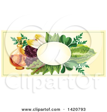 Clipart of a Blank Oval Banner Framed with Spicy Oil and Salad Green Leaves on Beige - Royalty Free Vector Illustration by Vector Tradition SM