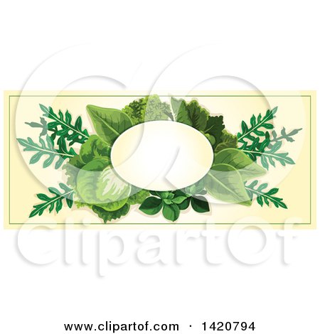 Clipart of a Blank Oval Banner Framed with Salad Greens on Beige - Royalty Free Vector Illustration by Vector Tradition SM