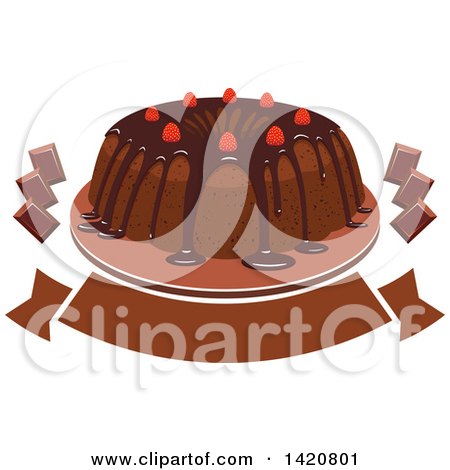 Clipart of a Chocolate Cake Topped with Berries, with Pieces of Candy over a Banner - Royalty Free Vector Illustration by Vector Tradition SM