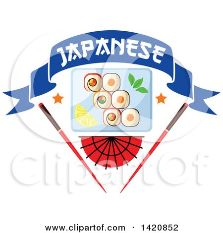 Clipart of a Plate of Sushi Rolls, Wasabi, and Lemon Slices over a Fan and Chopsticks with a Text Banner - Royalty Free Vector Illustration by Vector Tradition SM
