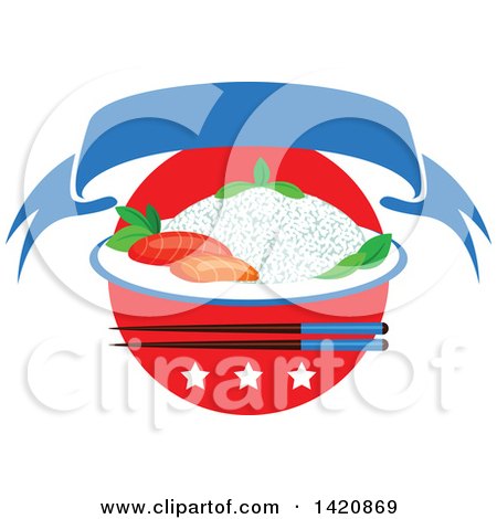 Clipart of a Japanese Flag, Steamed Rice, Seafood Sashimi, Chopsticks, Stars, and Ribbon Banner - Royalty Free Vector Illustration by Vector Tradition SM
