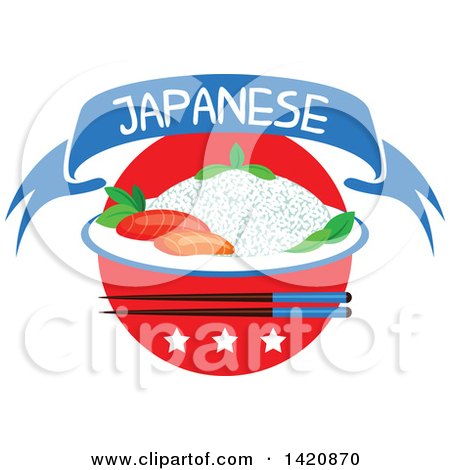 Clipart of a Japanese Flag, Steamed Rice, Seafood Sashimi, Chopsticks, Stars, and Text Ribbon Banner - Royalty Free Vector Illustration by Vector Tradition SM