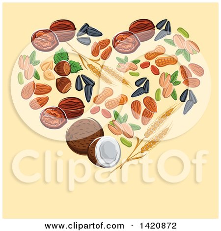 Clipart of a Heart Made of Wheat, Seeds, Nuts and Coconut over Yellow - Royalty Free Vector Illustration by Vector Tradition SM