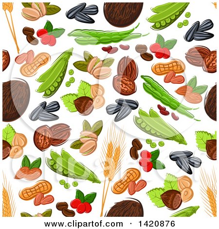 Clipart of a Seamless Pattern Background of Beans, Peas, Seeds, Wheat and Nuts - Royalty Free Vector Illustration by Vector Tradition SM