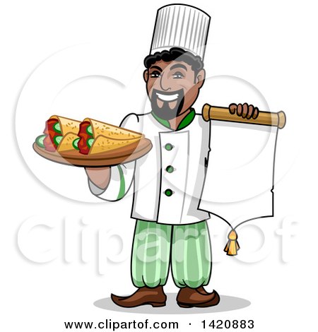 Clipart of a Cartoon Happy Arabian Male Chef Holding a Menu and Kebabs Rolled in Pita Bread - Royalty Free Vector Illustration by Vector Tradition SM