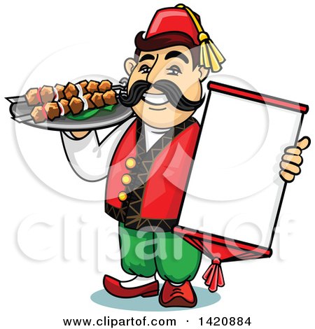 Clipart of a Cartoon Happy Male Turk Chef Holding a Menu and Shashlik Kebabs - Royalty Free Vector Illustration by Vector Tradition SM