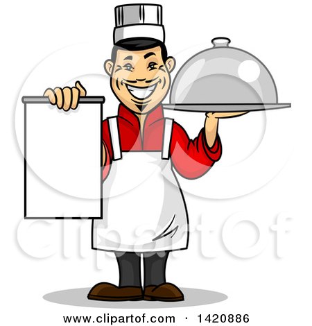 Clipart of a Cartoon Happy Asian Male Chef Holding a Menu and Cloche Platter - Royalty Free Vector Illustration by Vector Tradition SM