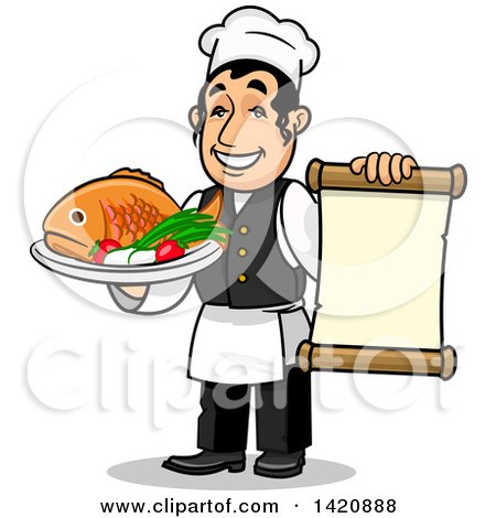 Clipart of a Cartoon Happy Male Chef Holding a Menu and a Fish Dish - Royalty Free Vector Illustration by Vector Tradition SM