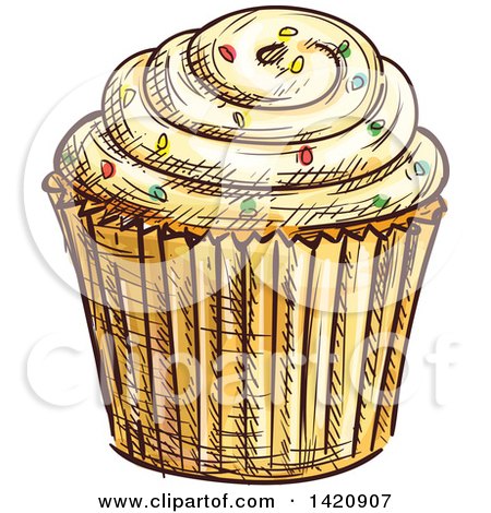 Clipart of a Sketched and Color Filled Cupcake Garnished with Sprinkles - Royalty Free Vector Illustration by Vector Tradition SM