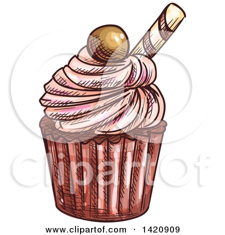 Clipart of a Sketched and Color Filled Cupcake Garnished with Candy - Royalty Free Vector Illustration by Vector Tradition SM