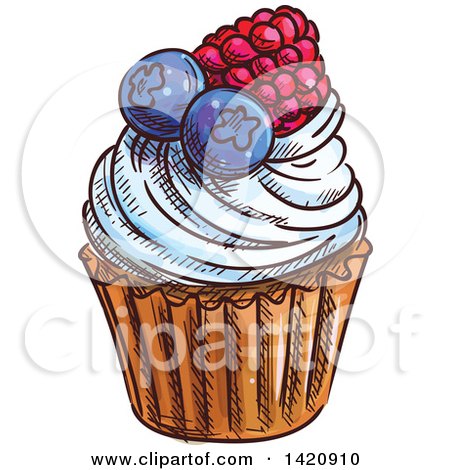 Clipart of a Sketched and Color Filled Cupcake Garnished with Berries - Royalty Free Vector Illustration by Vector Tradition SM