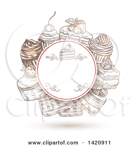 Clipart of a Sketched Circular Frame with Cakes, Waffles and Cupcakes with a Shadow - Royalty Free Vector Illustration by Vector Tradition SM