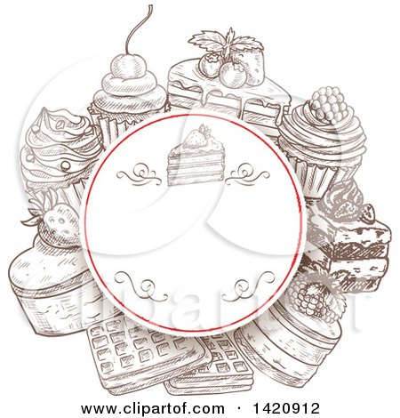Clipart of a Sketched Circular Frame with Cakes, Waffles and Cupcakes - Royalty Free Vector Illustration by Vector Tradition SM