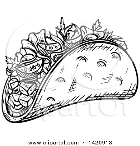Fast Food Clipart of a Black and White Sketched Doner Kebab - Royalty Free Vector Illustration by Vector Tradition SM