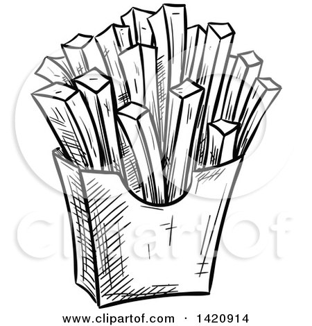 Fast Food Clipart of a Black and White Sketched Container of French Fries - Royalty Free Vector Illustration by Vector Tradition SM