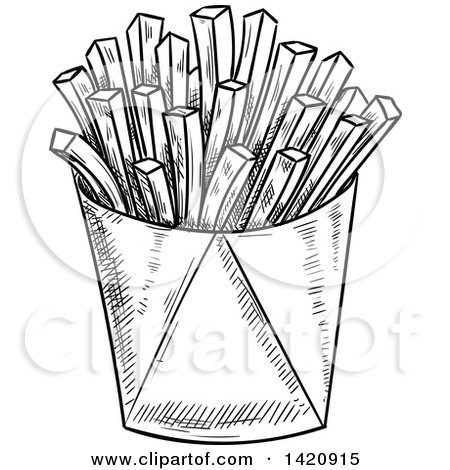 Fast Food Clipart of a Black and White Sketched Container of French Fries - Royalty Free Vector Illustration by Vector Tradition SM