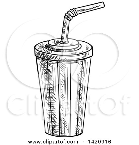 Fast Food Clipart of a Black and White Sketched Fountain Soda - Royalty Free Vector Illustration by Vector Tradition SM