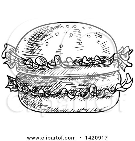 Fast Food Clipart of a Black and White Sketched Cheeseburger - Royalty Free Vector Illustration by Vector Tradition SM