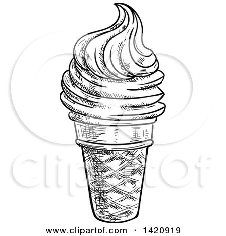 Food Clipart of a Black and White Sketched Ice Cream Cone - Royalty Free Vector Illustration by Vector Tradition SM