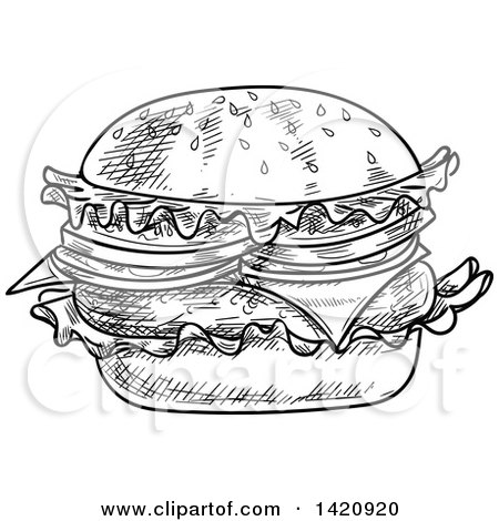 Fast Food Clipart of a Black and White Sketched Cheeseburger - Royalty Free Vector Illustration by Vector Tradition SM