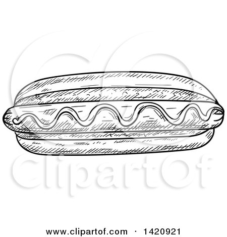 Fast Food Clipart of a Black and White Sketched Hot Dog - Royalty Free Vector Illustration by Vector Tradition SM