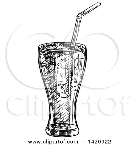 Fast Food Clipart of a Black and White Sketched Glass of Soda - Royalty Free Vector Illustration by Vector Tradition SM