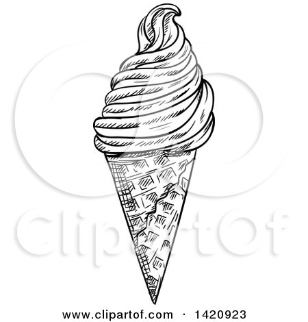 Food Clipart of a Black and White Sketched Waffle Ice Cream Cone - Royalty Free Vector Illustration by Vector Tradition SM