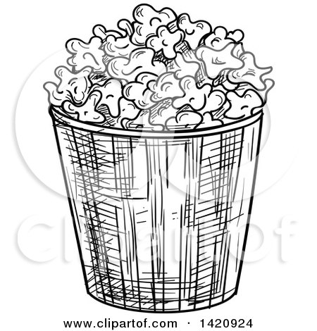 Fast Food Clipart of a Black and White Sketched Bucket of Popcorn - Royalty Free Vector Illustration by Vector Tradition SM