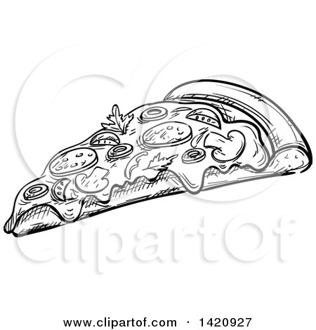 Fast Food Clipart of a Black and White Sketched Slice of Supreme Pizza - Royalty Free Vector Illustration by Vector Tradition SM