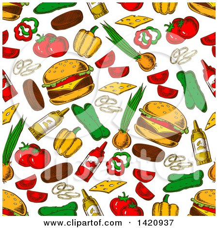 Clipart of a Seamless Pattern Background of Cheeseburgers and Ingredients - Royalty Free Vector Illustration by Vector Tradition SM