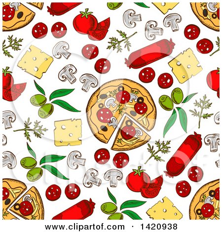Clipart of a Seamless Pattern Background of Pizza and Toppings - Royalty Free Vector Illustration by Vector Tradition SM