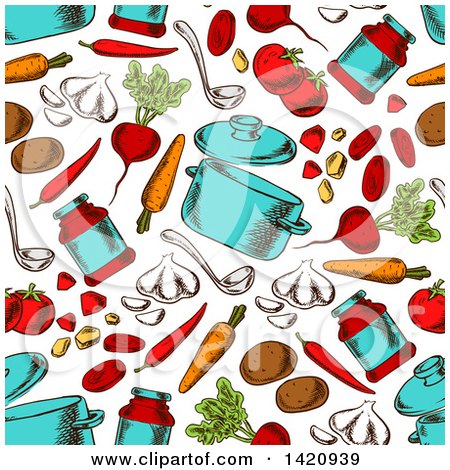 Clipart of a Seamless Pattern Background of Soup Pots and Ingredients - Royalty Free Vector Illustration by Vector Tradition SM