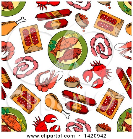 Clipart of a Seamless Pattern Background of Seafood and Meat - Royalty Free Vector Illustration by Vector Tradition SM